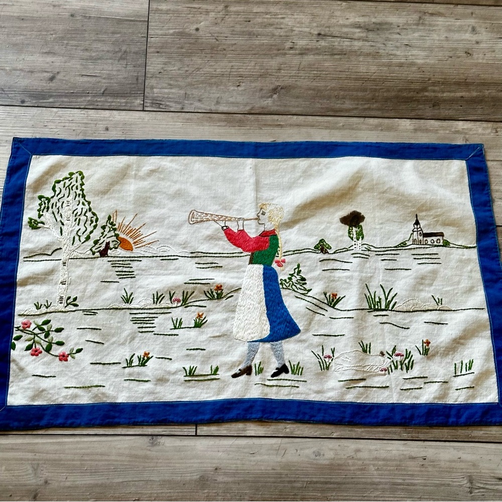 Vintage Hand Stitched Wall Hanging Or Table Cover Folk Art